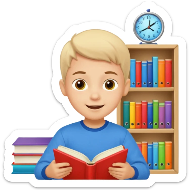 un niño de entre 3 - 10 años estudiando ingles, un destello de luz o colores más vivos para el niño que estudia en su habitacion feliz  sticker