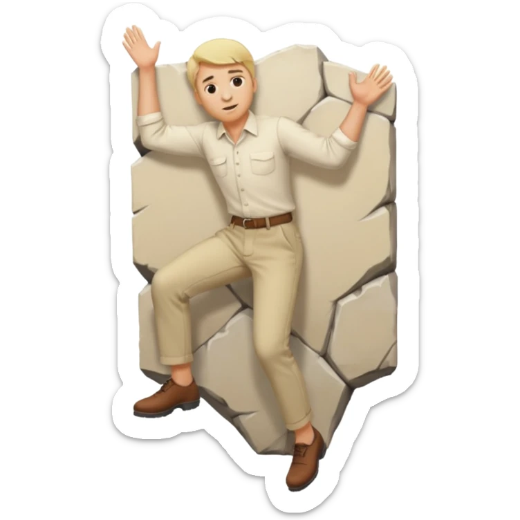 Blonde man wearing beige trousers and a cream shirt climbing over a wall sticker