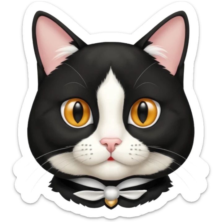A tuxedo cat, top half body, a black mark near his mouth under the nose sticker
