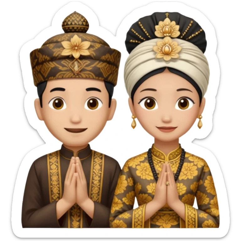 javanese person with shy smile (male) with batik blangkon hat and prayer hand, and also a javanese bride with sanggul or javanese classic updo and a shy smile sticker