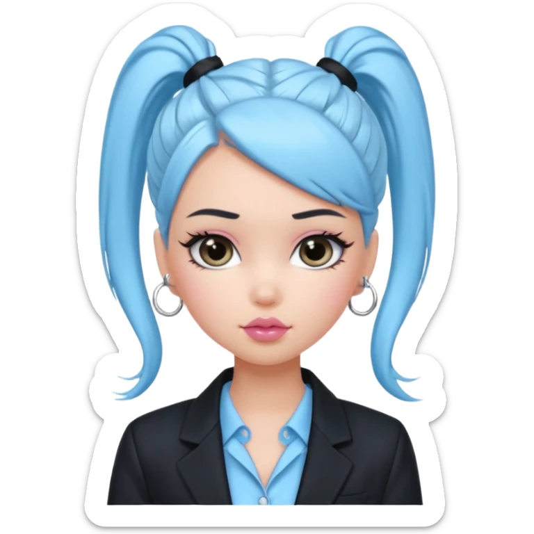 generate a pretty bratz girl wearing a light blue full sleeve shirt and a black blazer over it. silver small hoops, pink lipgloss. black hair tied up in a ponytail sticker