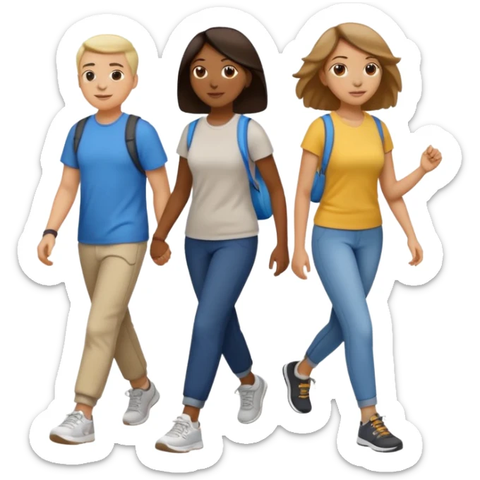 iOS emoji style - a men and 2 women in casual clothes and wearing trainers - friends walking quickly together

 sticker