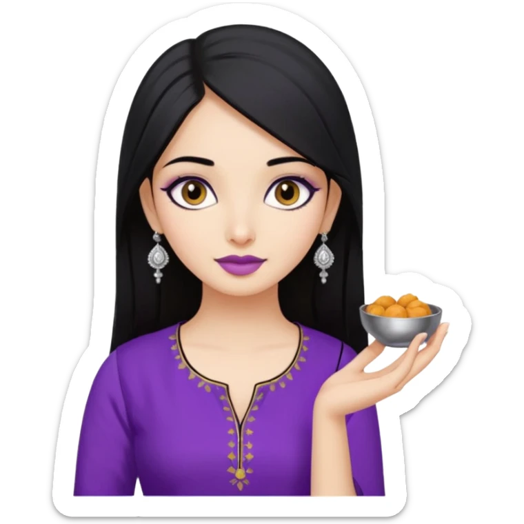 a pretty bratz girl with straight black hair, wearing a purple kurti, silver jhumkas, eyeliner, carrying momos sticker