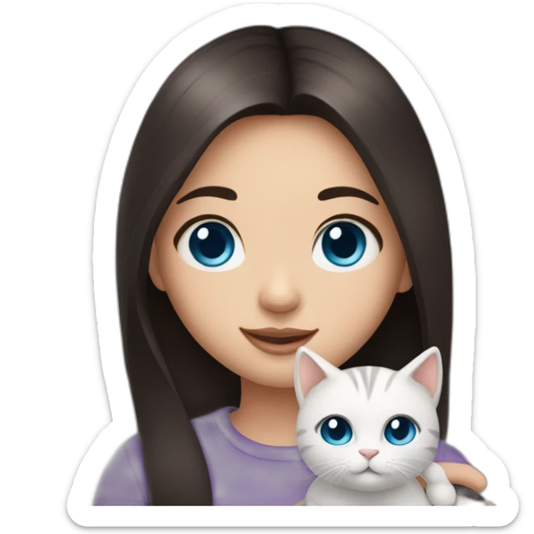 Cute girl with straight dark hair and blue eyes and hold a little cat sticker