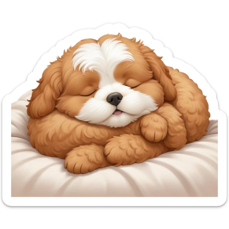 Cinematic Meme-Worthy Chubby Sleeping Cavoodle Portrait Emoji, Head resting peacefully with a contented smile, showcasing a delightfully chubby build and a luxuriously soft, curly apricot coat with gentle white accents, eyes shut in a serene nap, Simplified yet hilariously adorable features, highly detailed, glowing with a soft, drowsy light, high shine, relaxed and utterly lovable, stylized with an air of playful laziness, bright and heartwarming, soft glowing outline, capturing the essence of a comically sleepy Cavoodle, so meme-worthy it feels like it could instantly become the next viral sensation of adorable slumber! sticker