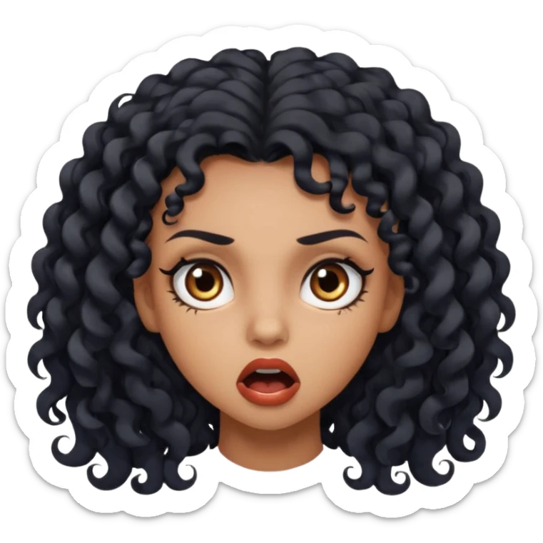 girl with long black curls and brown eyes, brown skin, eyelashes, siren eyes, make her mouth open and mad expression sticker