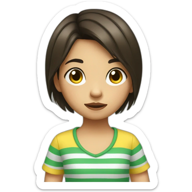 little girl with dark brown short hair wears striped green and yellow shirt giving a thumbs down sticker