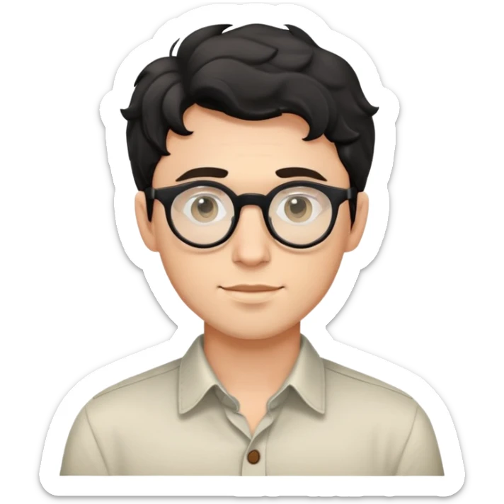 Upper body only of young caucasian man with black wavy hair, round glasses, wearing comfortable buttoned shirt sticker