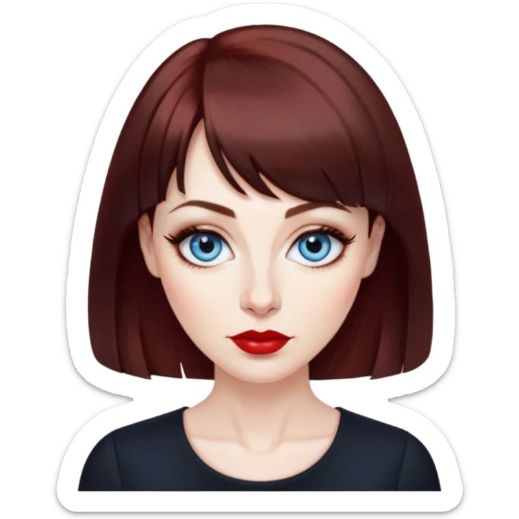Artistic woman in her 40s with pale skin, oval face, large blue eyes with eyeliner, thin eyebrows, small nose, red lipstick, dark auburn hair with bangs, wearing a black top, mature creative expression sticker