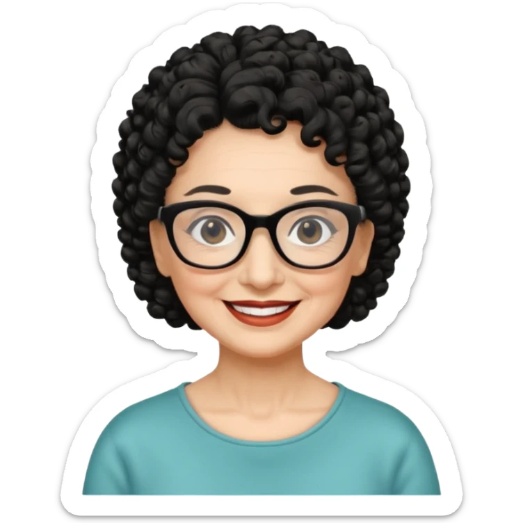 femme 70 ans cheveus noir bouclé attachés, lunettes rectangles noir yeux noir et sourrir sticker