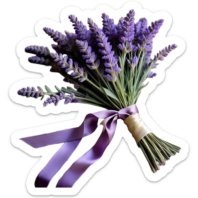 A loosely gathered bouquet of lavender, with sprigs in varying shades of lilac, violet, and deep plum, is tied together with a faded silk ribbon, its ends trailing softly onto an antique wooden table. A few delicate buds have fallen loose, resting gently on an embroidered lace cloth, while the golden afternoon light catches the soft purple hues, evoking a sense of timeless tranquility.
 sticker