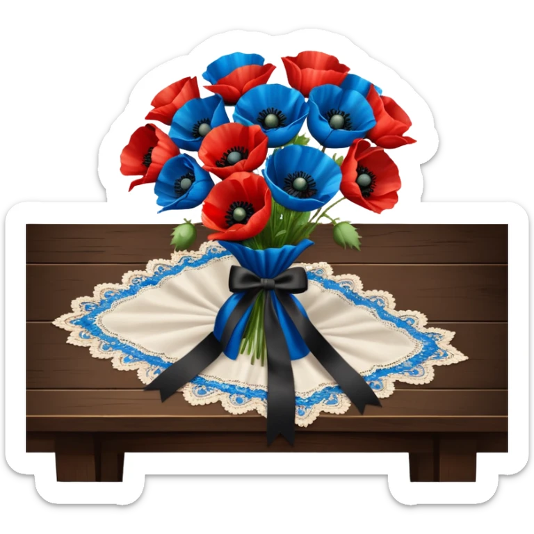 A very lush bouquet of bright blue and vivid red poppies black satin ribbon, resting on an antique wooden table, with an off white lace pattern table cloth sticker