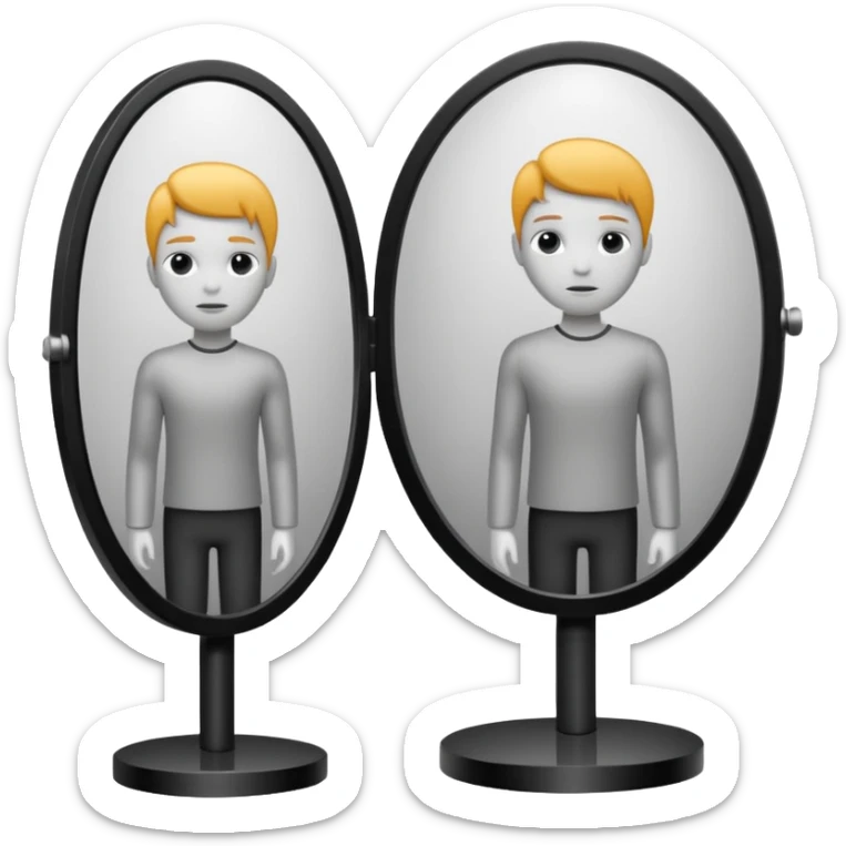 Minimalist emoji-style sticker of a person standing before a mirror, but the reflection is moving differently. Black and gray icon.
 sticker