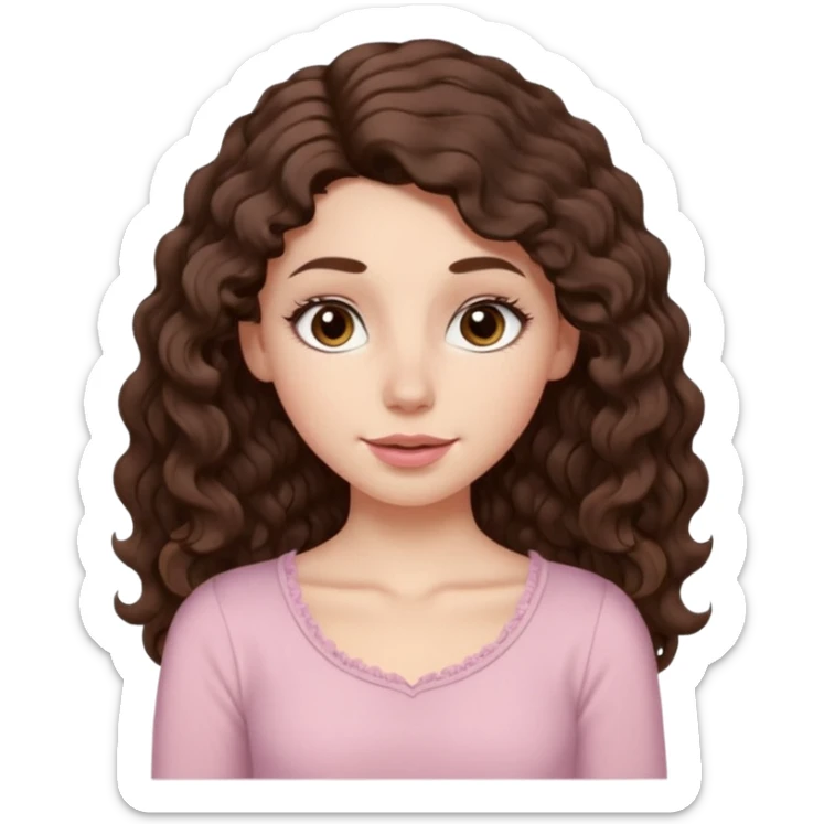 Aesthetic white girl with really long wavy/curly hair color dark brown, hair most be in front of the shoulders (hair in front of the shoulders). Big almond shape eyes color brown, small wide nose, natural lips, sweet expression. Dressed with a cute tight top color light pink. sticker