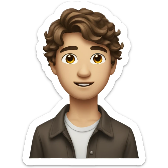 Teenager boy type mexican, White skin, with wavy brown hair (Which go down behind to the nape of the neck), Little bit dezoom sticker