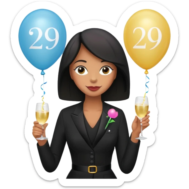 Emoji-style illustration of a funny woman in black funeral outfit holding a prosecco glass, balloon with number 29, ironic birthday funeral theme, playful expression, flat emoji design, pastel tones, high resolution sticker