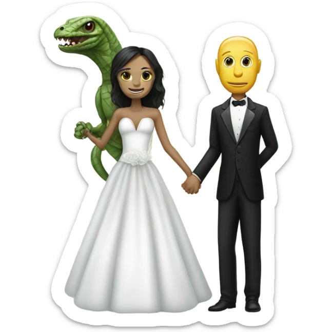 humman man in a tuxedo holding, Alien reprilian woman in wedding dress, and one , hands getting married sticker