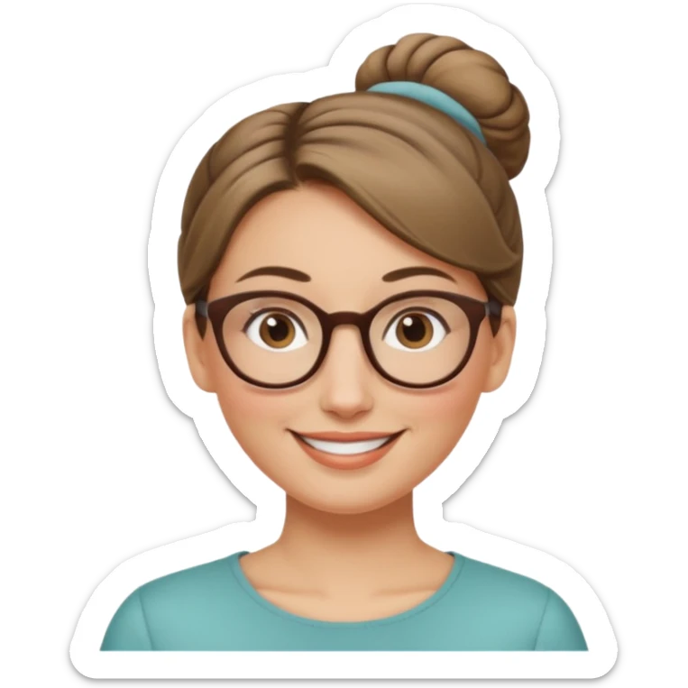 femme de 38 ans avec des cheveux blond foncé sans mèche devant, un chignon haut, yeux bruns, lunettes rondes, visage ovale sticker