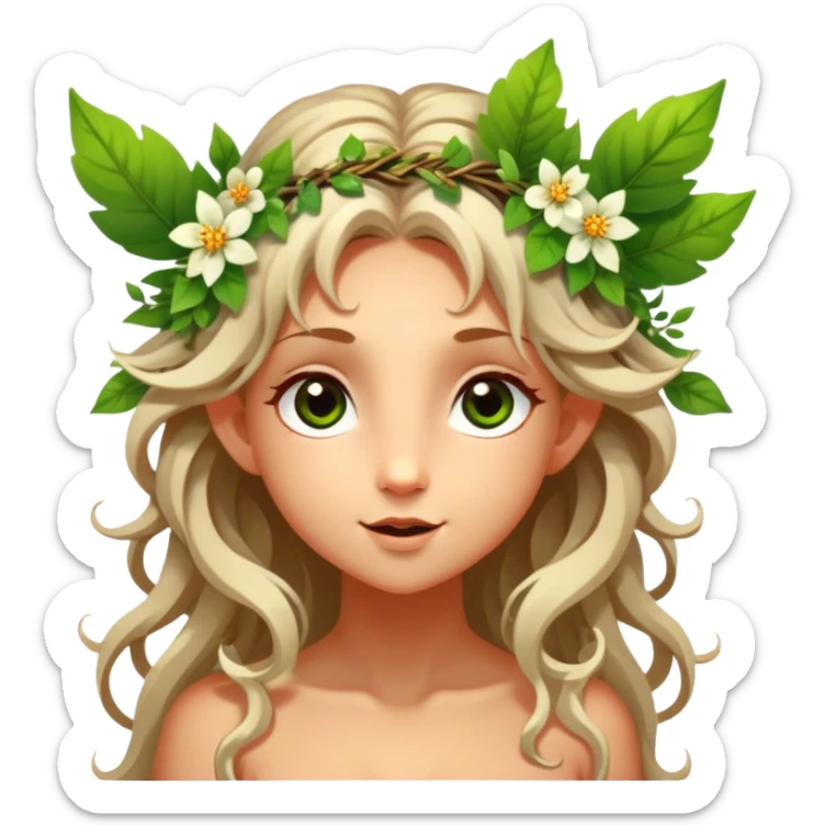 Cinematic Realistic Forest Nymph Fairy Portrait, head tilted playfully and inquisitively, showcasing a nature-inspired form with intricately detailed, sunlit tanned skin and cascading hair interlaced with leaves and blossoms. Her bright, curious eyes sparkle with forest mischief, rendered with lifelike clarity and warm, dappled lighting that captures the spirit of an enchanting woodland fairy ready to dance among the trees. sticker