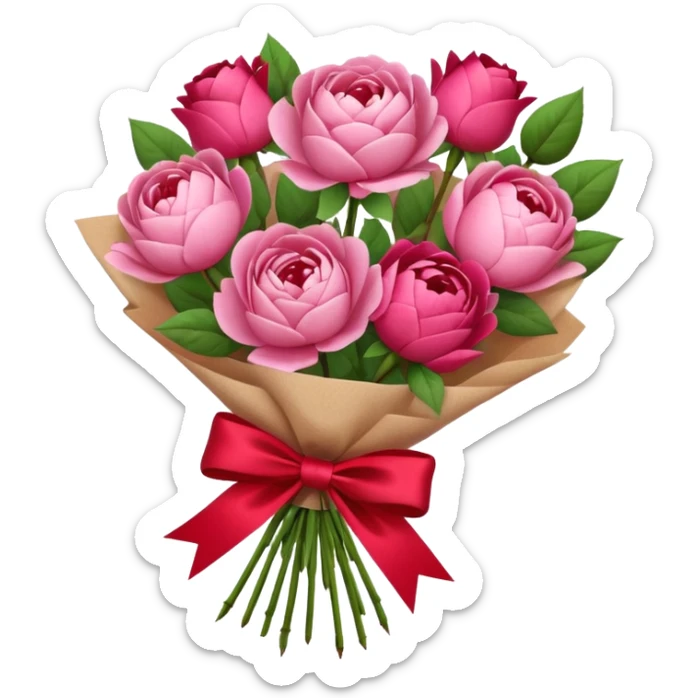 Bouquet of pink flower like rose and peony wrapped in kraft paper with red bow sticker