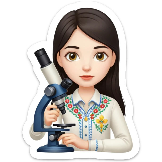 Ukrainian girl with dark hair in traditional embroidered shirt holding a microscope sticker