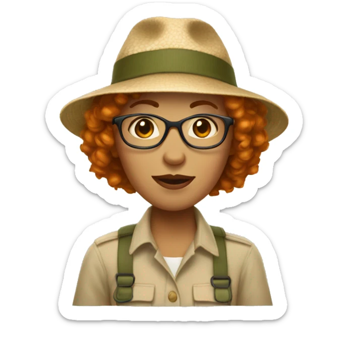 pale woman with very short curly ginger hair and glasses in safari hat sticker