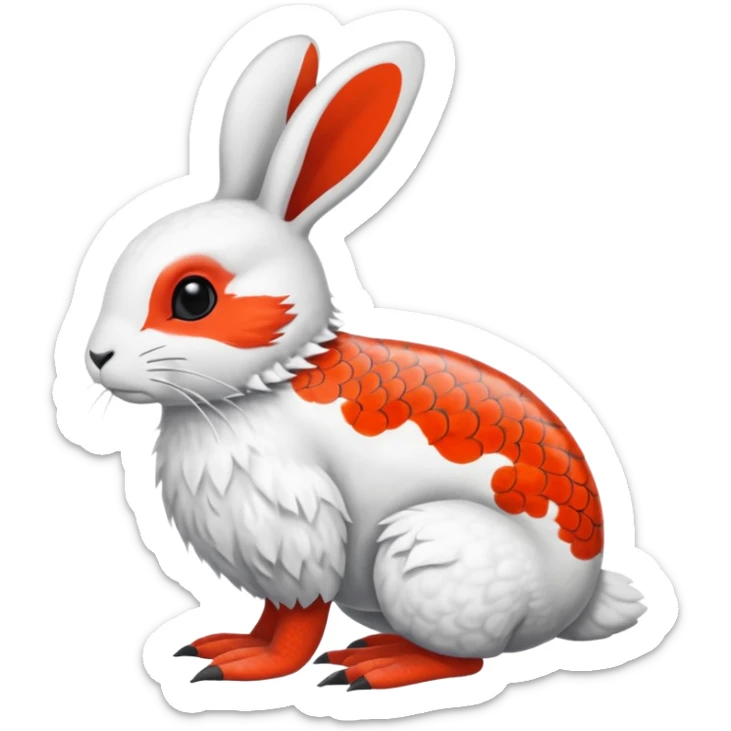 Rock Ptarmigan-Snowshoe-Hare-Koi-Fish-Pokémon-Fakémon-Animal-hybrid, full body, with red marking over eye sticker