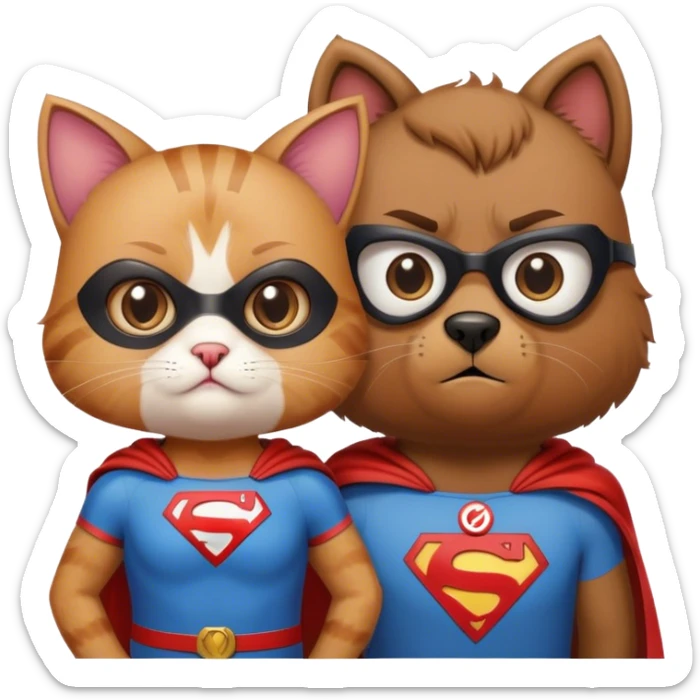 à super hero cat with an H on his shirt and his little scared cute bear girlfriend  sticker