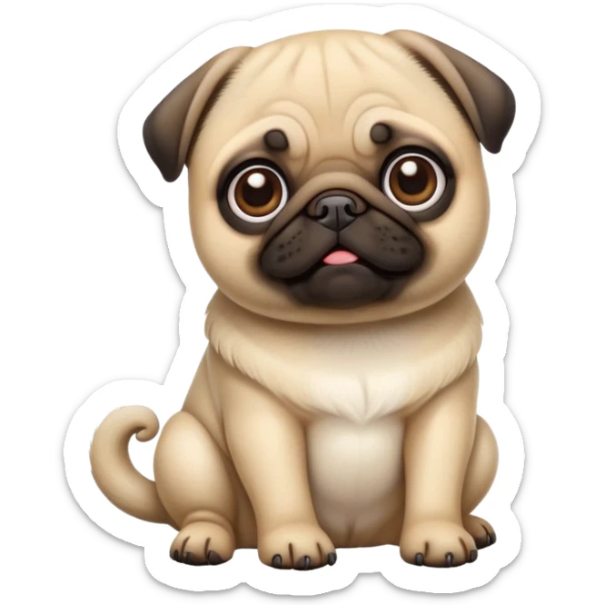 detailed-[cute pug]-realistic-full-body-sitting-emoji,-tail-resting-loosely-beside-its-paws,-head-tilted-dramatically, -sleek-fur,-simplified-yet-realistic-focused-features,-highly-detailed,-glowing-with-an-almost-sarcastic-glow sticker