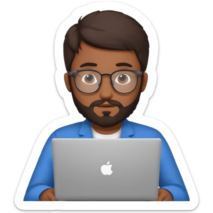 23 year old Azerbaijani man with very dark brown hair and beard with glasses and laptop sticker