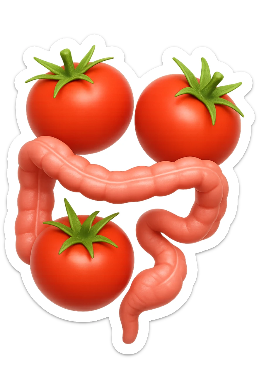 emoji stile iphone di pomodori che fluttuano in aria con colon attorcigliato intorno, iperrealistico 4k, isolato su sfondo bianco sticker