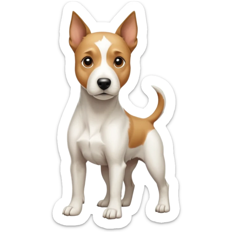 a full body facing front on of a buff white parson russell terrier looking dog the size of a kelpie with light brown long ears resting on its face and a light brown patch on one eye and a large snout. the rest of the dog is completely white.  sticker
