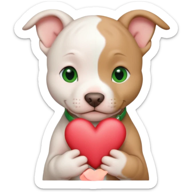 White and tan pitbull puppy with green eyes and cropped ears holding a heart sticker