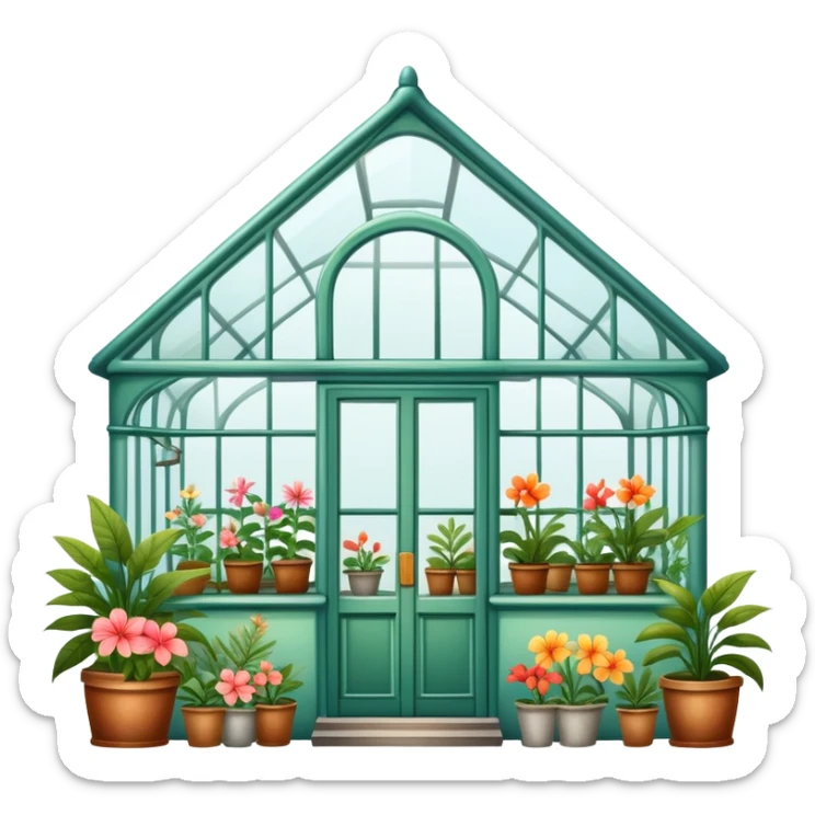 Outside view of an aesthetically pleasing, vintage greenhouse filled with knickknacks and tropical flowers sticker