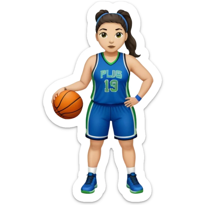 full body plus size light skin  latino women basketball player with wavy dark hair in pony tail wide nose wearing blue uniform with green accent sticker