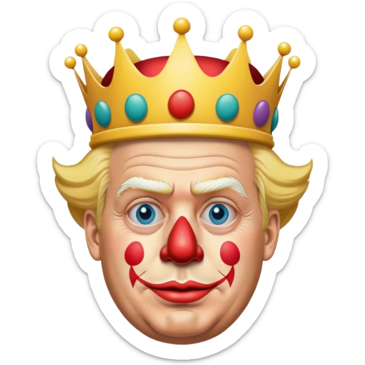 Donald Trump highly detailed, photorealistic as a clown no neck or body, slightly turned to the right. Skin texture, lighting, and facial details should be ultra-realistic, resembling a professional 3D render must look exactly like him. Transparent background. cartoon crown on his head

 sticker