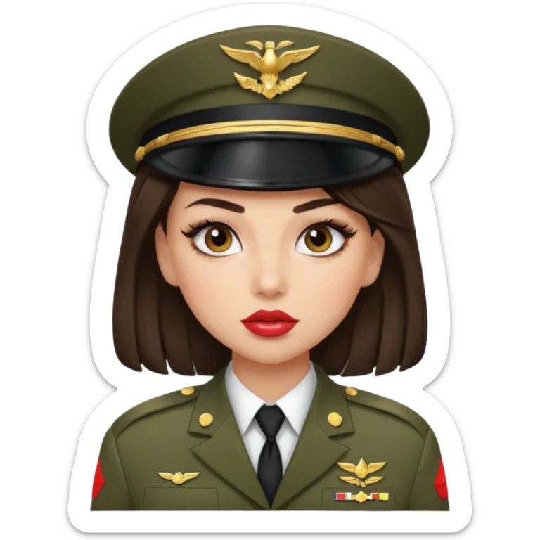 Emoji of a brunette girl in the military with big eyelashes, big lips with gloss, and a sassy face  sticker
