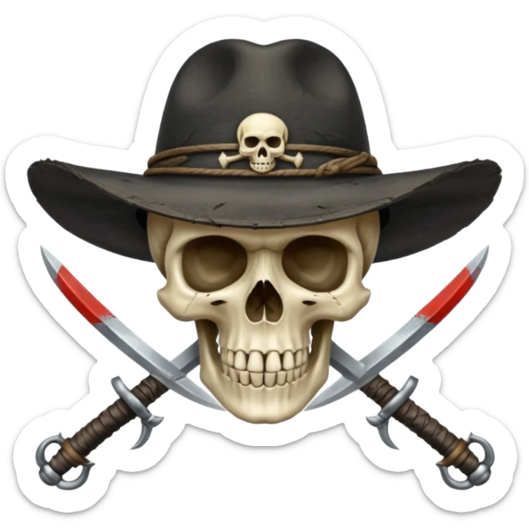 A skull and crossswords wearing a black wide brimmed traveler's hat. sticker