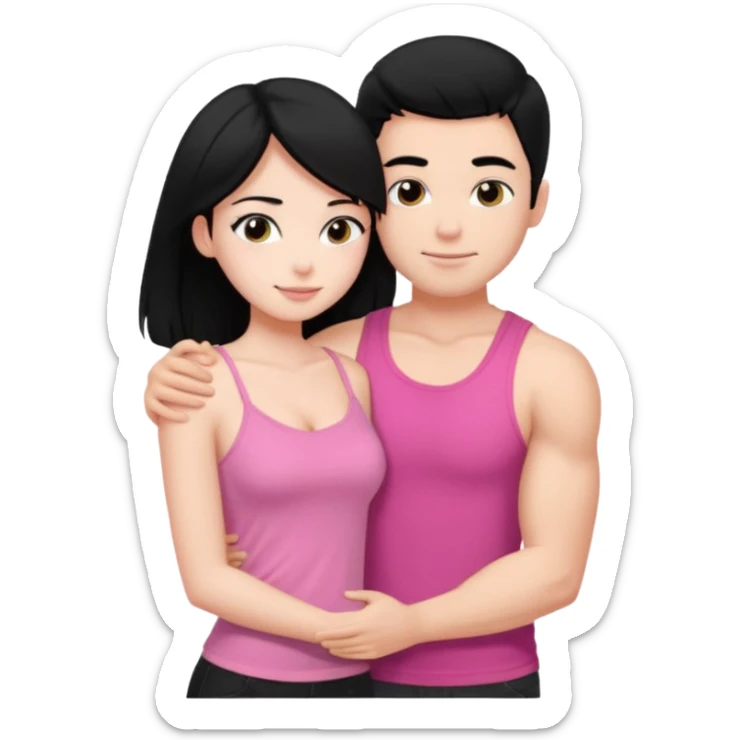 a pretty bratz fair girl. black hair, wearing a pink cami top, she is hugging a handsome fair guy with black hair. lean but muscular. is wearing a black tshirt sticker