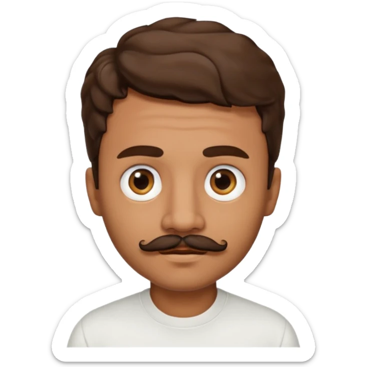Make a short brown man with a mustache below the nose and on the chin, big eyes, a small mouth, wavy hair, and a white shirt. sticker