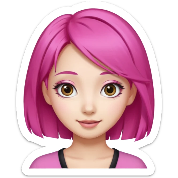 An Asian girl with Fashion pink hair, big eyes, thick eyebrows, and long eyelashes;  sticker