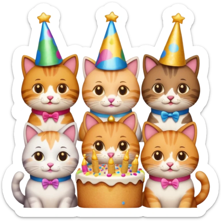 six cats toasting with beer at a 40th birthday party, cake and confetti, emoji style sticker