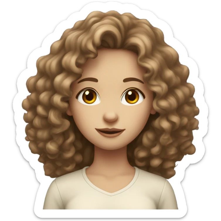 pale girl with long curly brown hair. Brown eyes and a fluffy shirt sticker