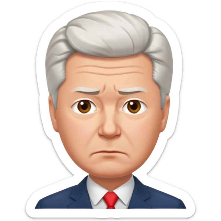 Sad emoji of Sergey Sobyanin, mayor of Moscow, looking upset and disappointed, cartoon style, expressive face, simple emoji design sticker