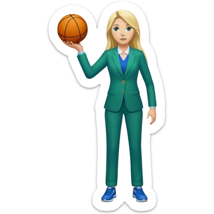 Full Body white female basketball head coach with long blonde hair in a blue and green suit sticker