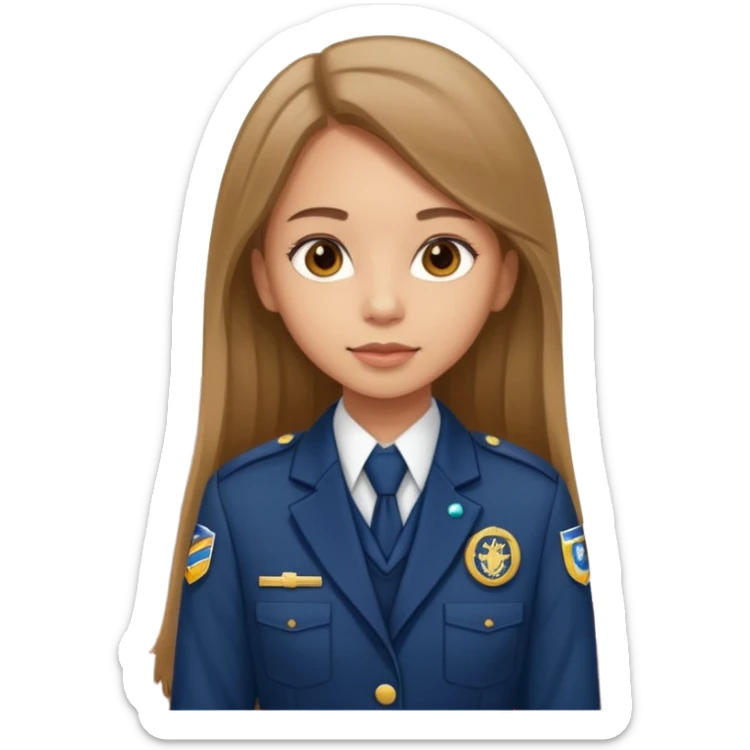 Young girl, long brown straight hair, wearing uniform jacket with hotel name badge, tasteful scarf, stand behind the desk

 sticker