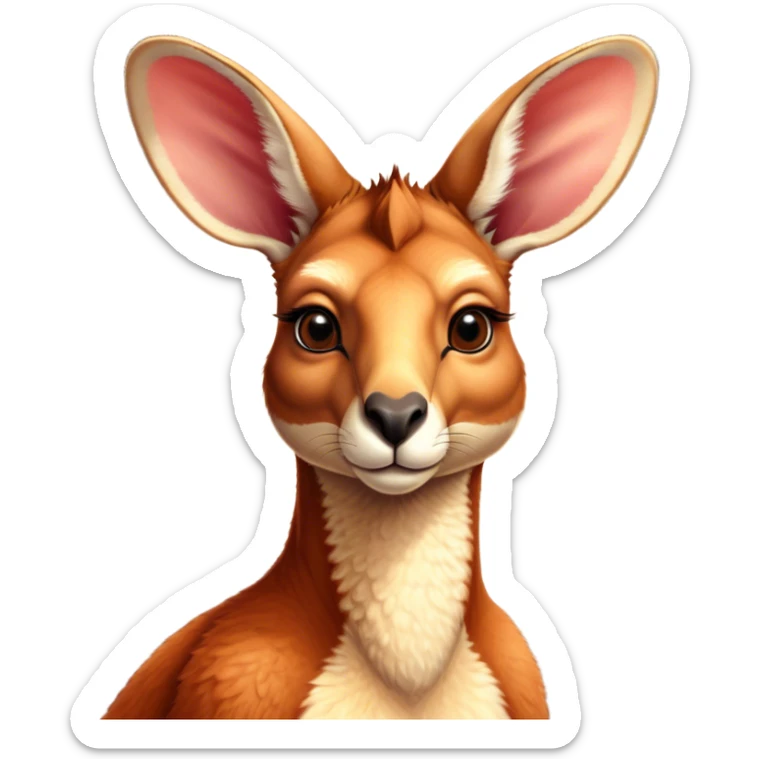 Cinematic Noble Adult Red Kangaroo Portrait Emoji, Poised and regal, with a robust, muscular build, tawny reddish fur, and a distinctive red kangaroo-shaped head featuring a slightly elongated snout, prominent ears, and keen, observant eyes, Simplified yet sharp and sophisticated features, highly detailed, glowing with a warm, sunlit glow, high shine, intelligent and commanding, stylized with an air of outback authority, focused and vigilant, soft glowing outline, capturing the essence of a watchful guardian that seems ready to bound out of the screen with effortless power! sticker