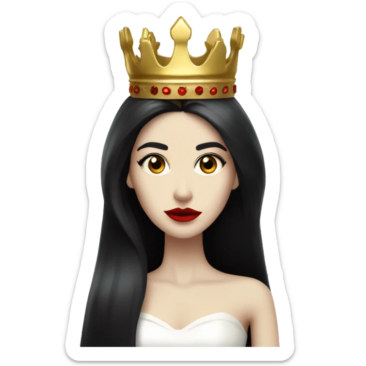 Queen with pale skin, long black hair, bright red lips, skinny gold crown, white dress, and evil stare.  sticker