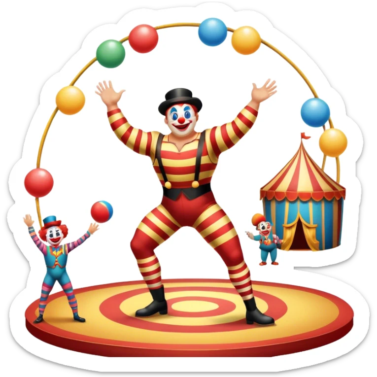 Icon for Circus Arts: a vibrant round circus arena with a strongman in a striped costume,  juggler and a clown performing. The icon should convey the excitement and fun of circus performances, with focus on the performers and the colorful setting. Transparent background. sticker