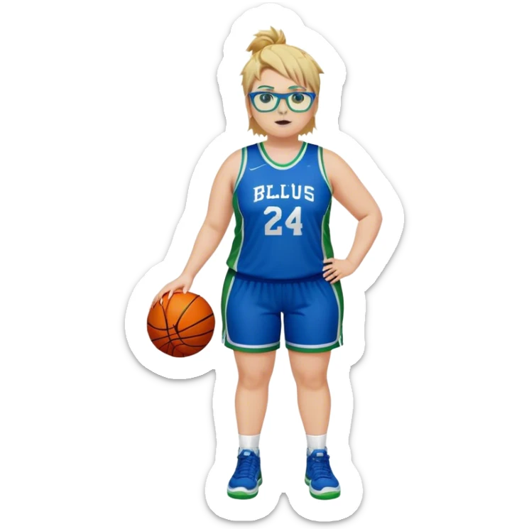 Full Body white plus size Girl with basketball spikey short brown and blonde hair  wearing blue glasses with green eyes wearing blue and green basketball uniform sticker